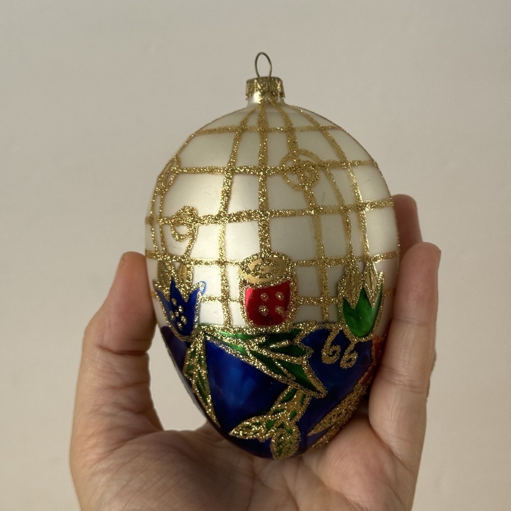 Vintage Hand Painted Glass Egg Ornament Gold Glitter Floral White Blue Christmas
